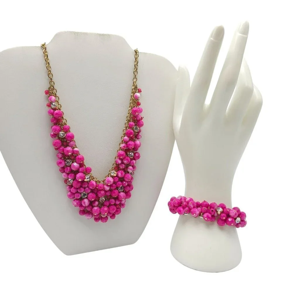 Pink Beaded Necklace Bracelet Jewelry Set Rhinestone Bead Accents Cha Cha